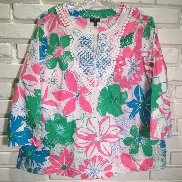 Talbots Lace Embroidered Bib Anguilla Floral Tunic Top XL Petite - Picture 2 of 5